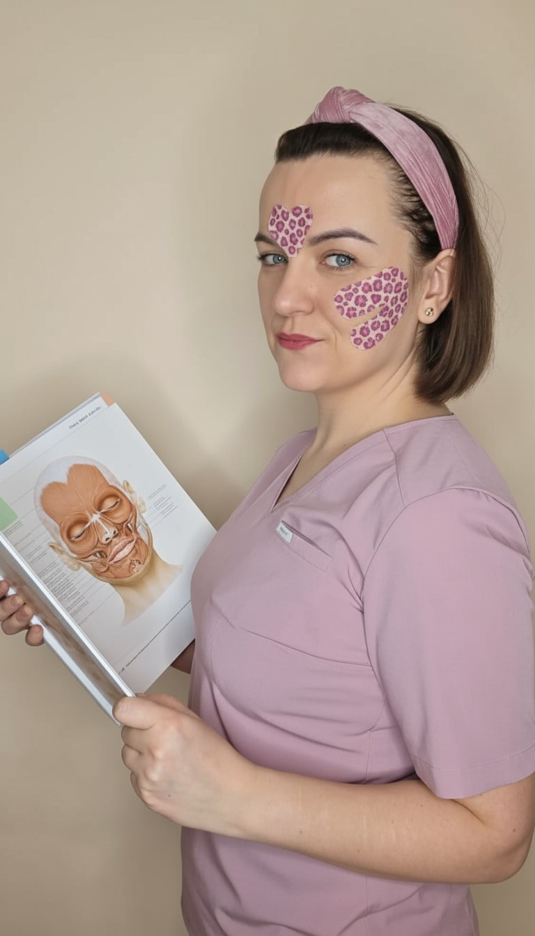 Ewa Szyller mit Anatomie-Atlas des Gesichts und bio&auml;sthetischem Taping
